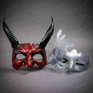 Red Devil Horn Demon Mask & Silver Tulle Glitter Masquerade Couple Mask Set